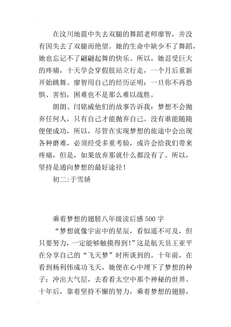 乘着梦想的翅膀八年级读后感500字_第2页