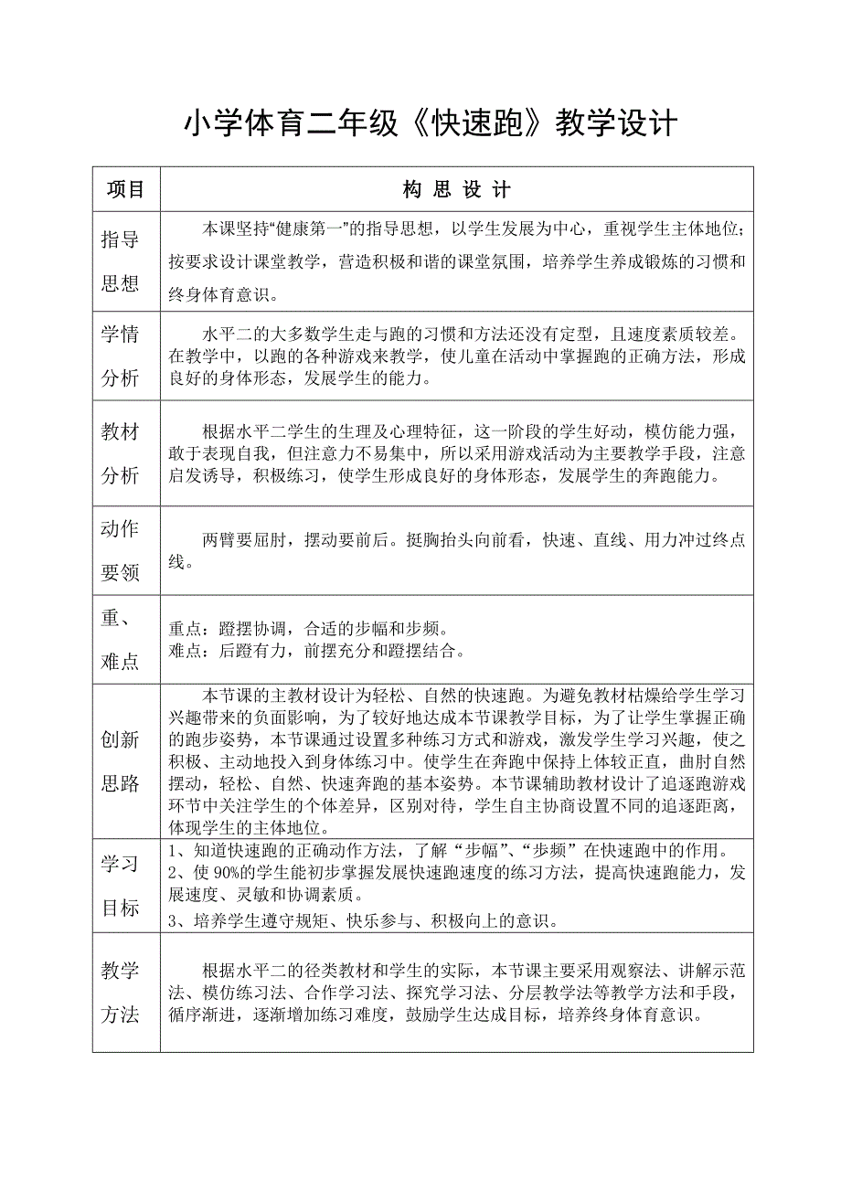 小学体育二年级《快速跑》教学设计_第1页