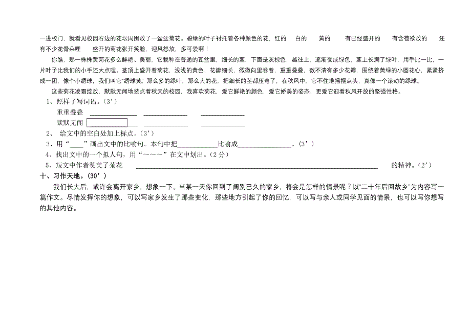 小学五年级上册语文期中试题_第3页