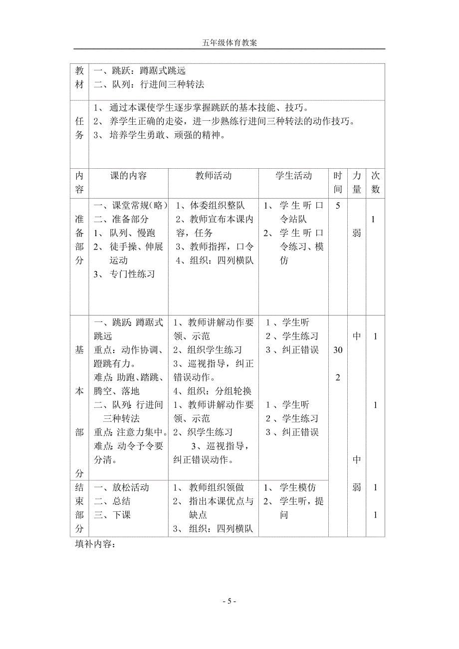 小学五年级下册体育教案全册(2)_第5页