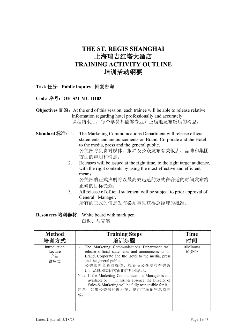 上海五星瑞吉红塔酒店培训教材—TAO-OH-SM-MC-D103PublicInquiry_第1页