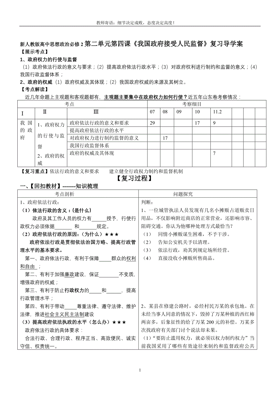 高中思想政治必修2第二单元第四课《我国政府接受人民监督》复习导学案_第1页