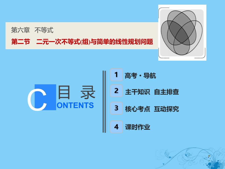 2019届高考数学一轮复习第六章不等式第二节二元一次不等式(组)与简单的线性规划问题课件_第1页