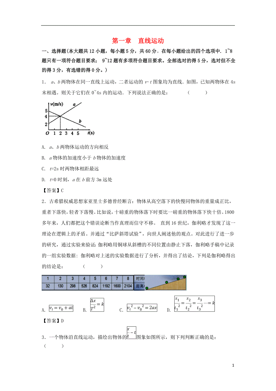 2019年高考物理一轮复习第一章直线运动单元测试卷新人教版_第1页