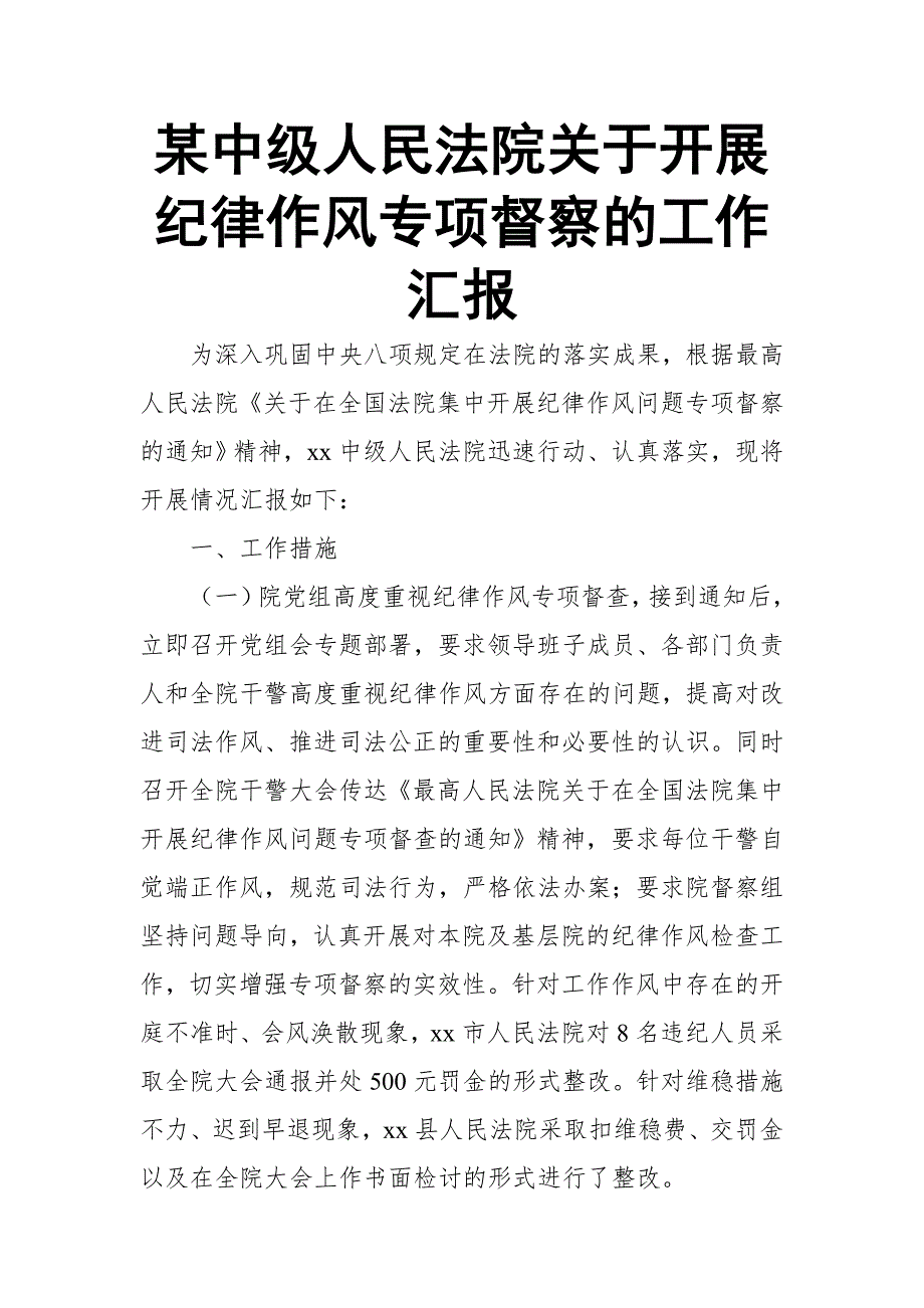 某中级人民法院关于开展纪律作风专项督察的工作汇报_第1页