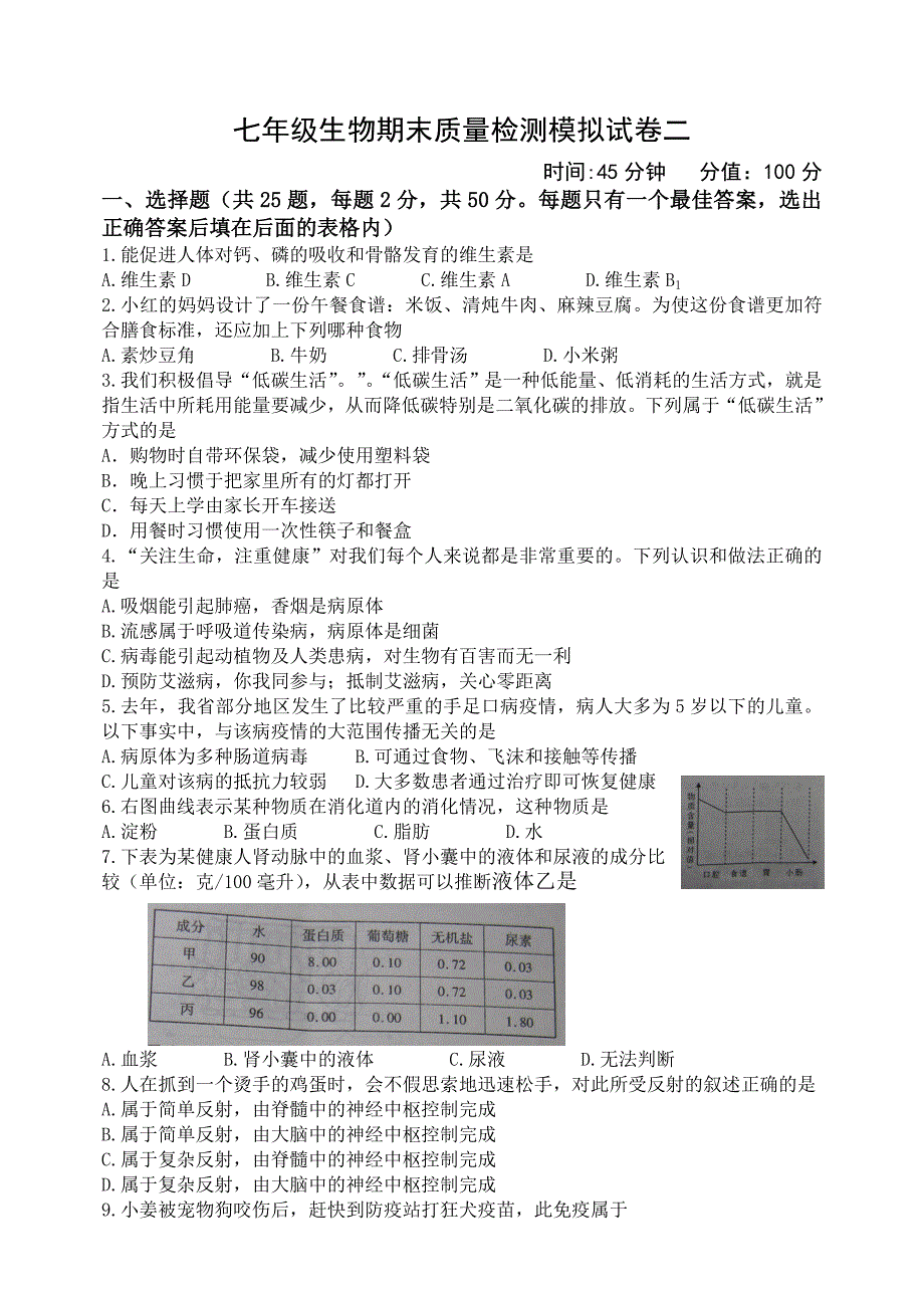 七年级下册生物期末考试模拟试卷3【精选】_第1页