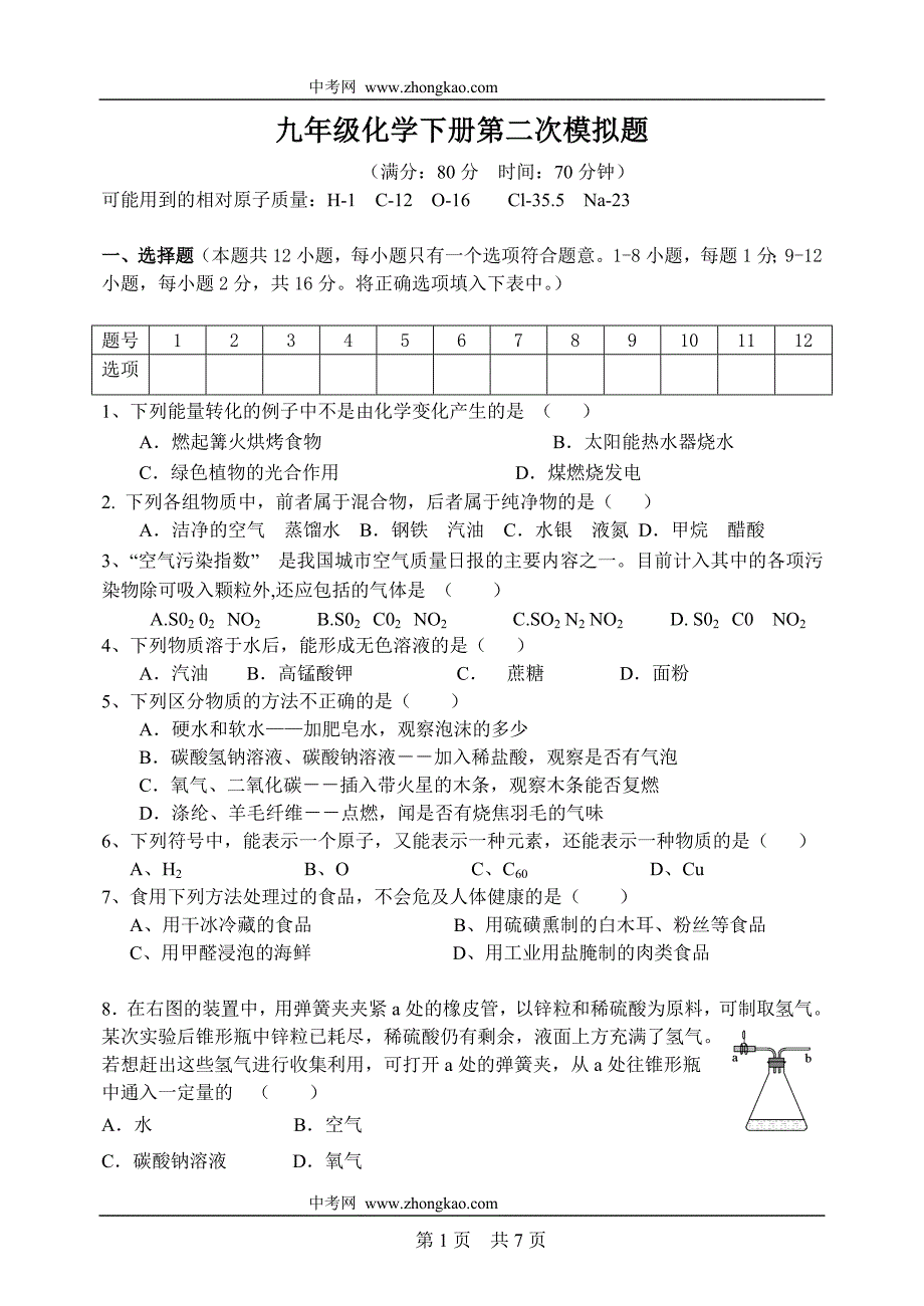 化学同步练习题考试题试卷教案九年级化学下册第二次模拟题_第1页