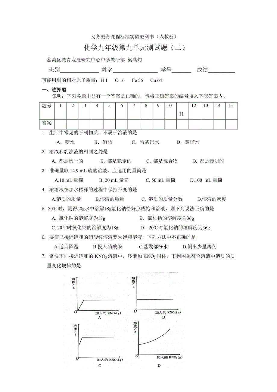 化学九年级下册第九单元测试题(二)【最新精选】_第1页