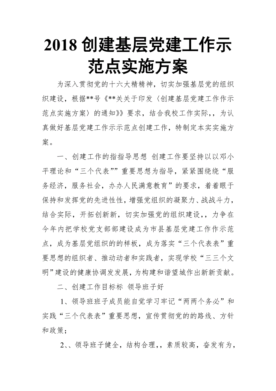 2018创建基层党建工作示范点实施方案【推荐】_第1页