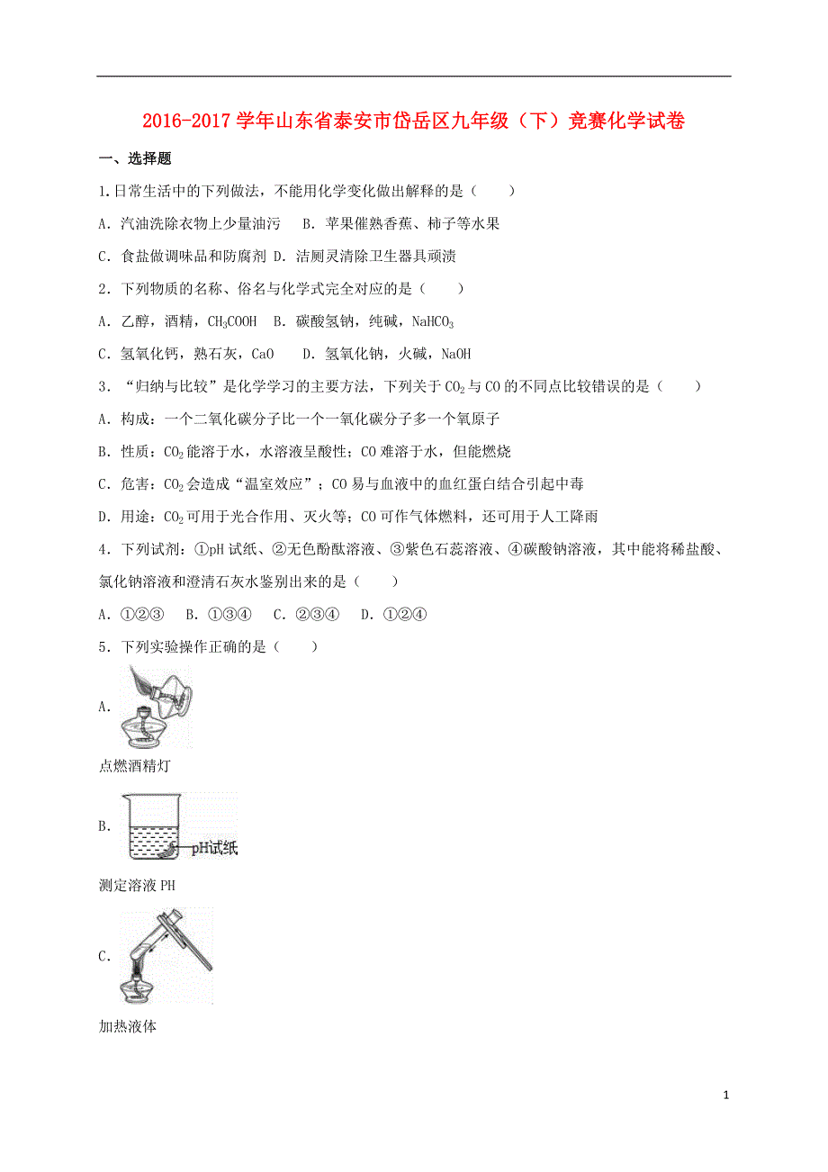 山东泰安市岱岳区2017届九年级化学下学期竞赛试卷（含解析）_第1页