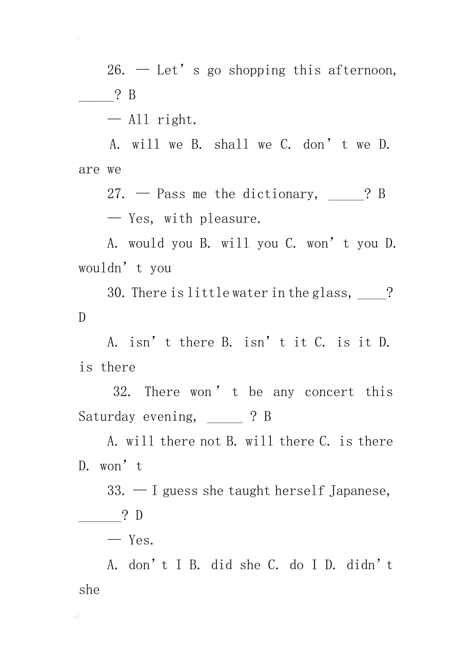 小学英语反义疑问句练习题目_第4页