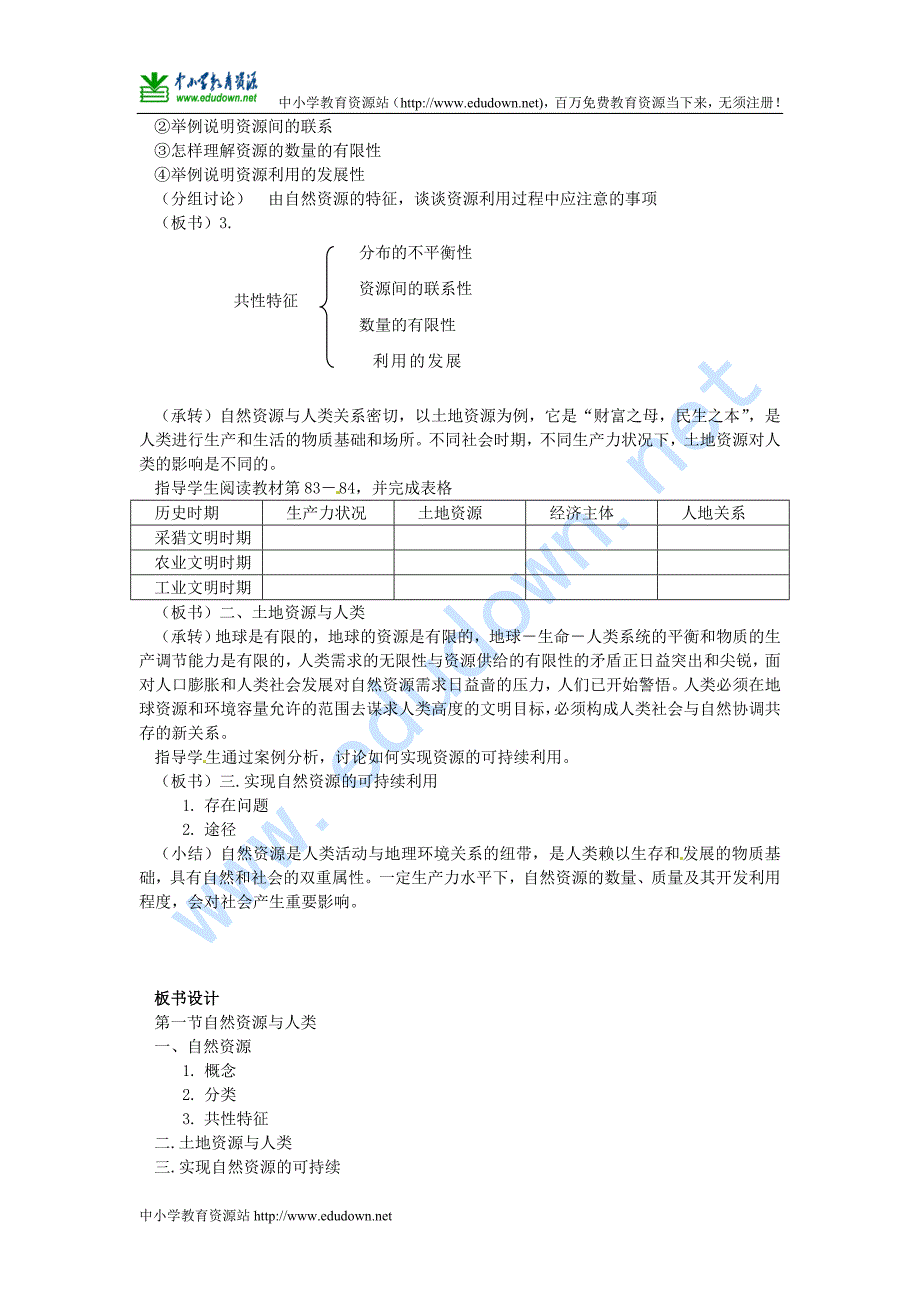 鲁教版必修1第四单元第一节《自然资源与人类》word教案教学设计_第2页