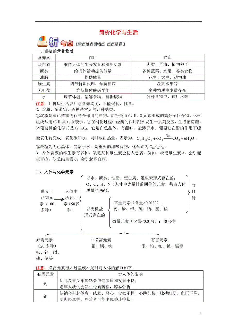 通用版中考化学重难点易错点复习讲练简析化学与生活含解析_第1页