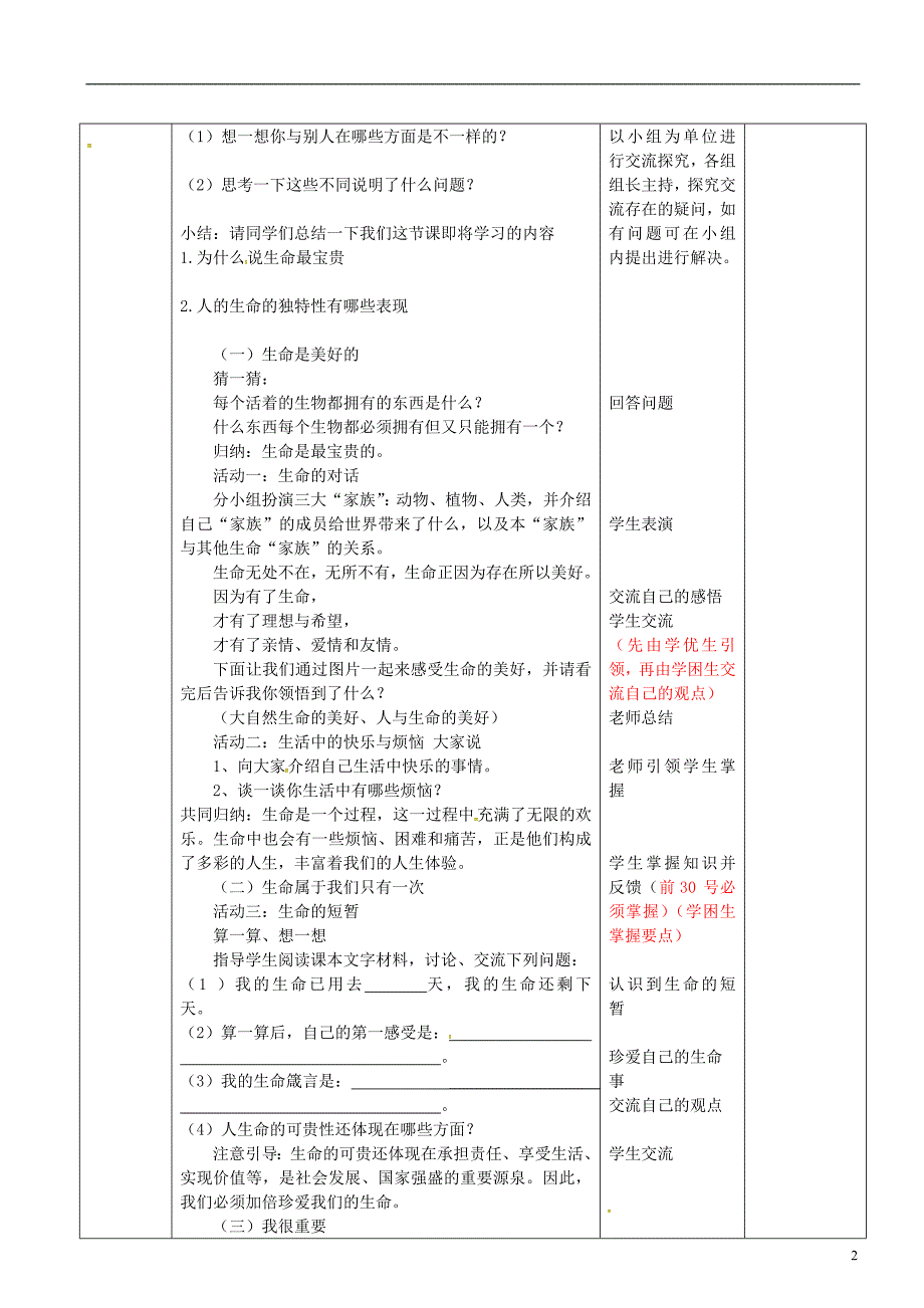 山东省济南市六年级道德与法治下册 第五单元 珍爱生命 热爱生活 第9课 呵护宝贵的生命 第2框《生命最宝贵》教案 鲁人版五四制_第2页