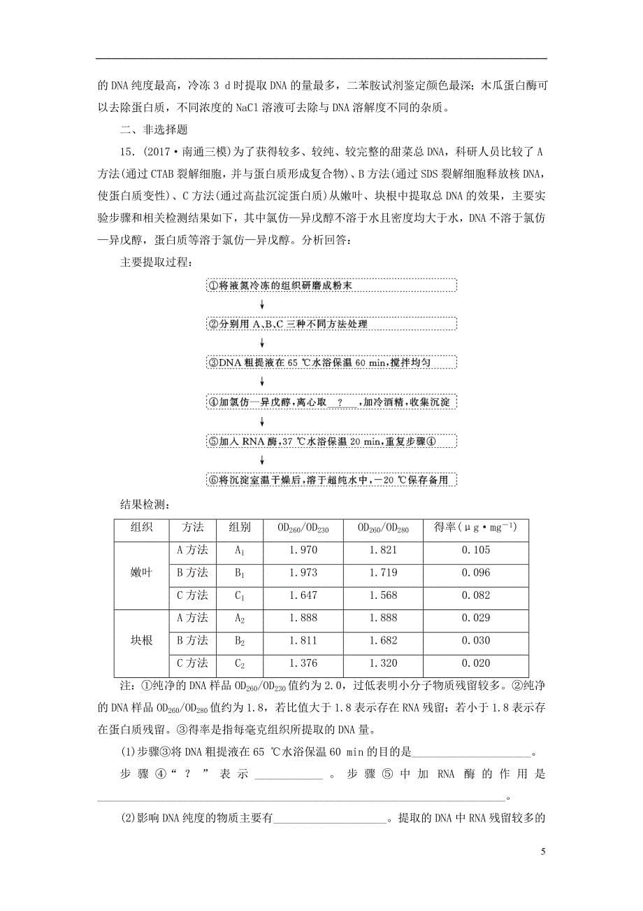 江苏专版2019版高考生物一轮复习生物技术实践课时跟踪检测四十一dna的粗提取与鉴定选修_第5页