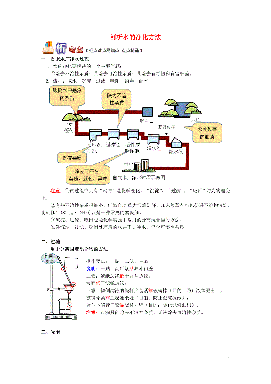 通用版中考化学重难点易错点复习讲练剖析水的净化方法含解析_第1页