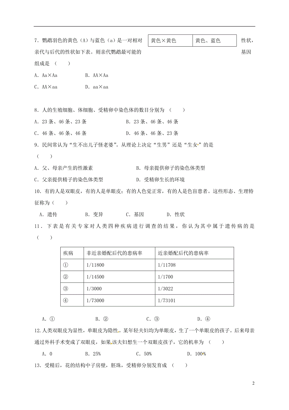 甘肃拾泰县第四中学2017_2018学年度八年级生物下学期期中试题无答案新人教版_第2页