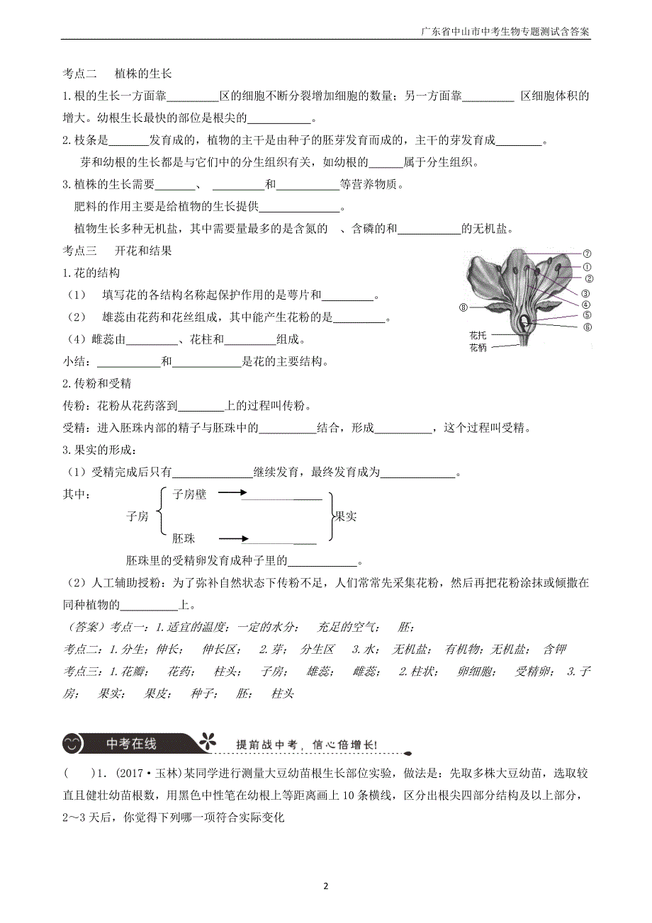 广东省中山市2018年中考生物专题复习第三单元生物圈中的绿色植物第二章被子植物的一生_第2页