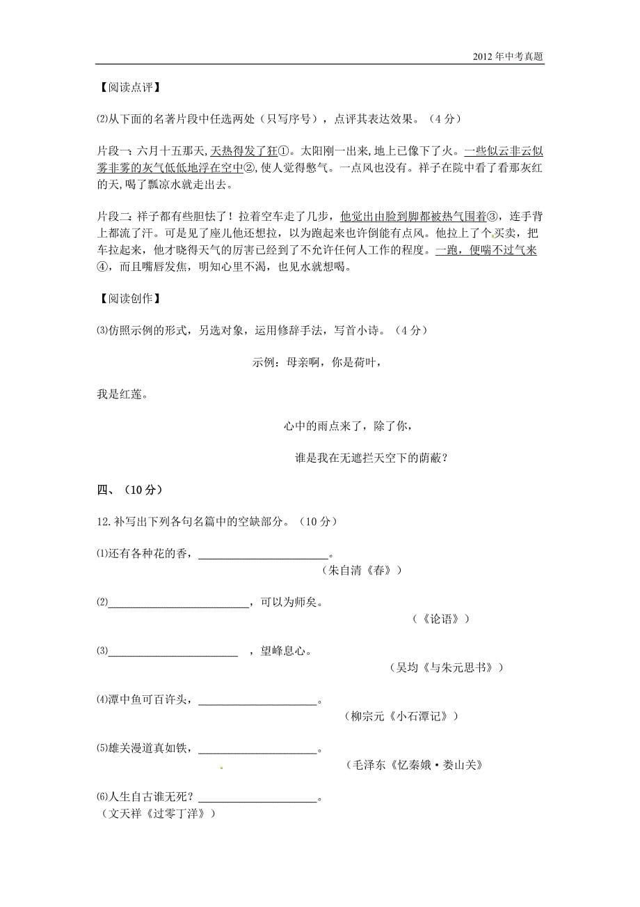 2012年四川省绵阳市中考语文试题含答案_第5页