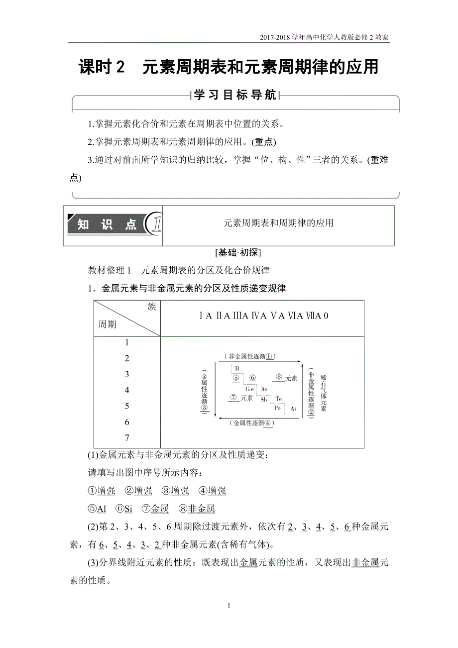 2018版高中化学人教版必修2教案：第1章第2节课时2元素周期表和元素周期律的应用含答案_第1页