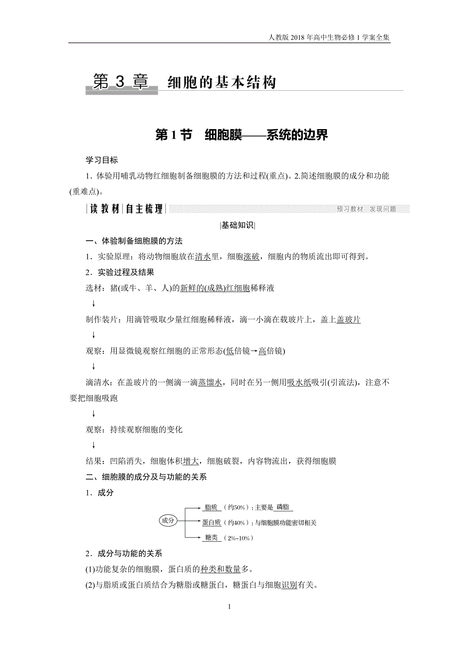 2018版高中生物人教版必修一学案3.1细胞膜——系统的边界含答案_第1页