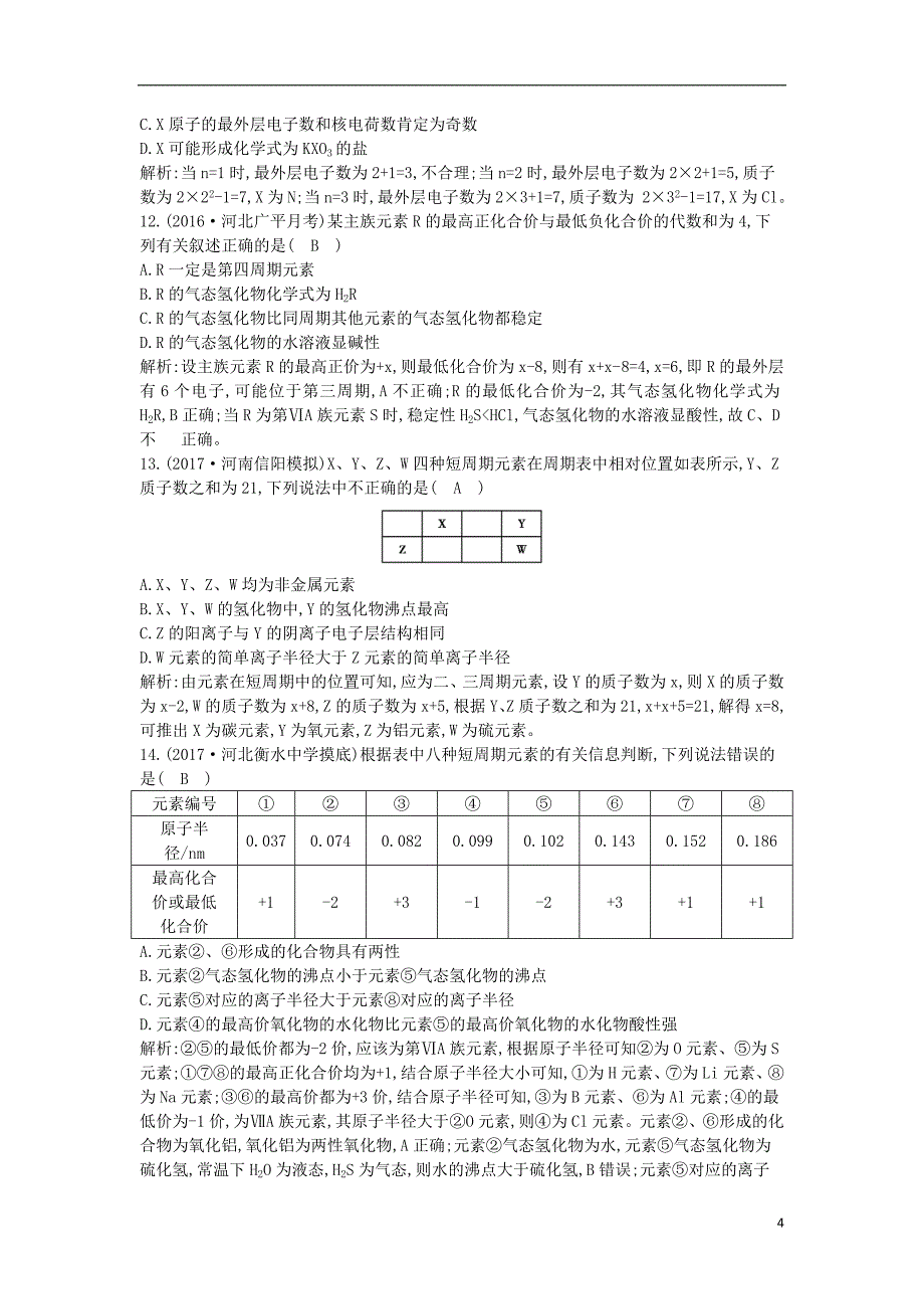 2017-2018学年高中化学第一章物质结构元素周期律第二节元素周期律第1课时原子核外电子排布元素周期律课时训练新人教版必修2_第4页