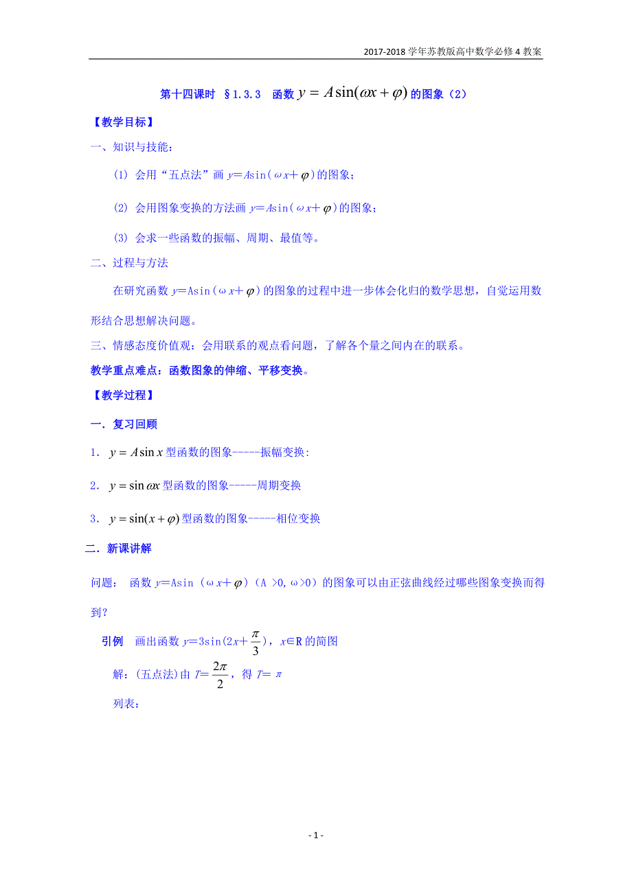 2017-2018学年高中数学苏教版必修4教案：第一章三角函数第14课时1.3.3函数y＝asin（ωx＋φ）的图象（2）_第1页