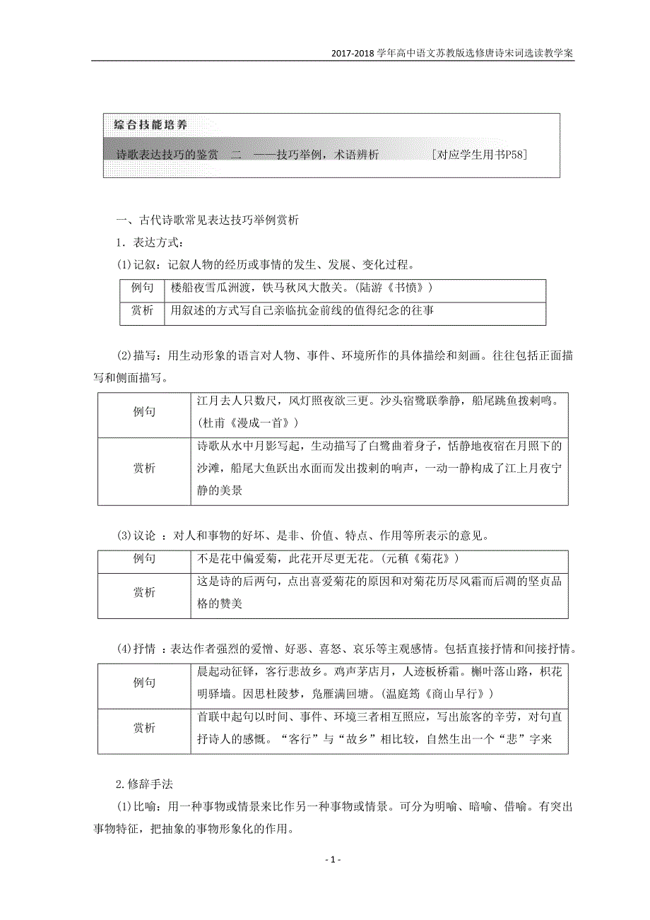 2017-2018学年高中语文苏教版选修唐诗宋词选读教学案：专题七综合技能培养诗歌表达技巧的鉴赏（二）——技巧举例含答案_第1页