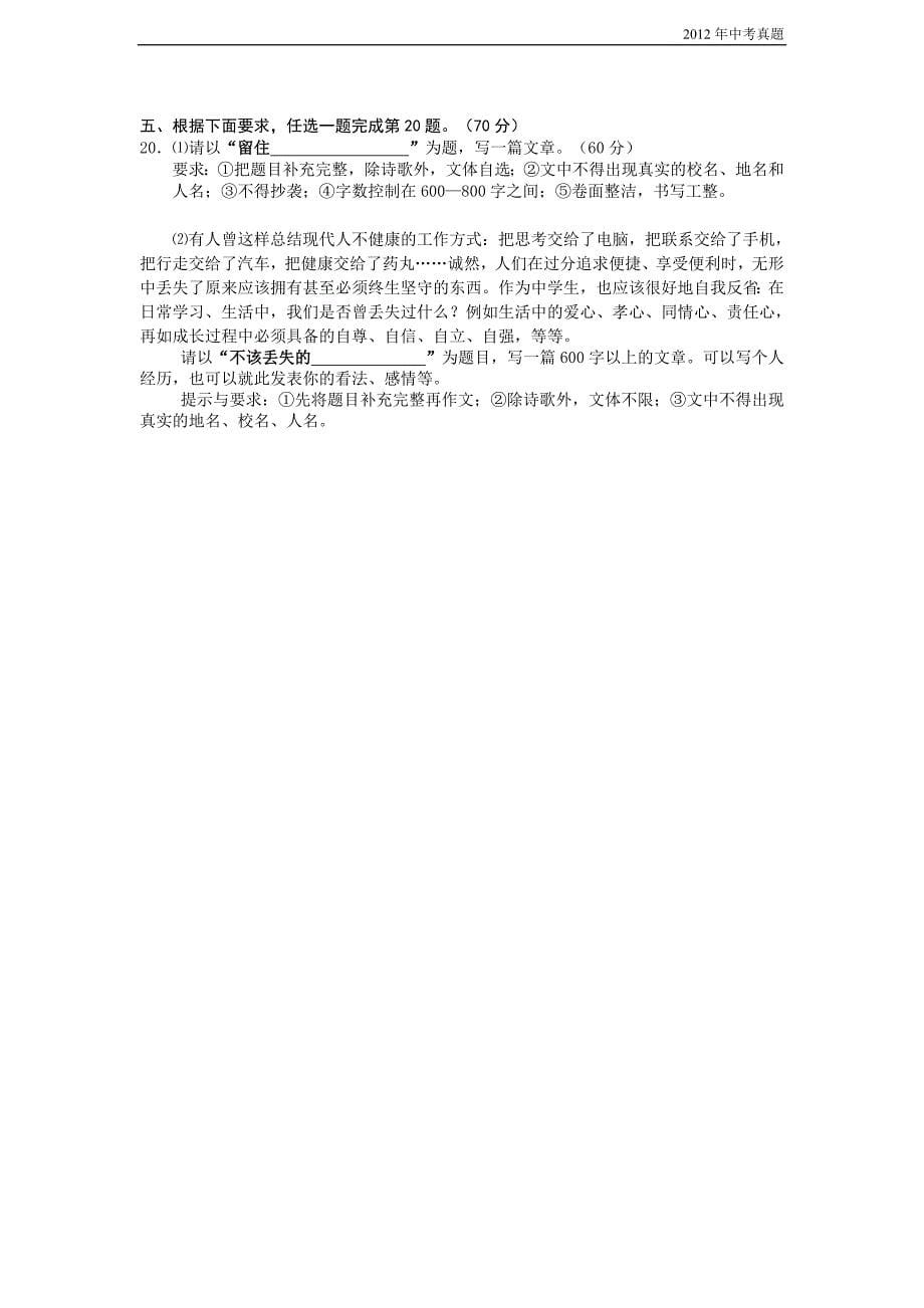 2012年福建省漳州市中考语文试题含答案_第5页