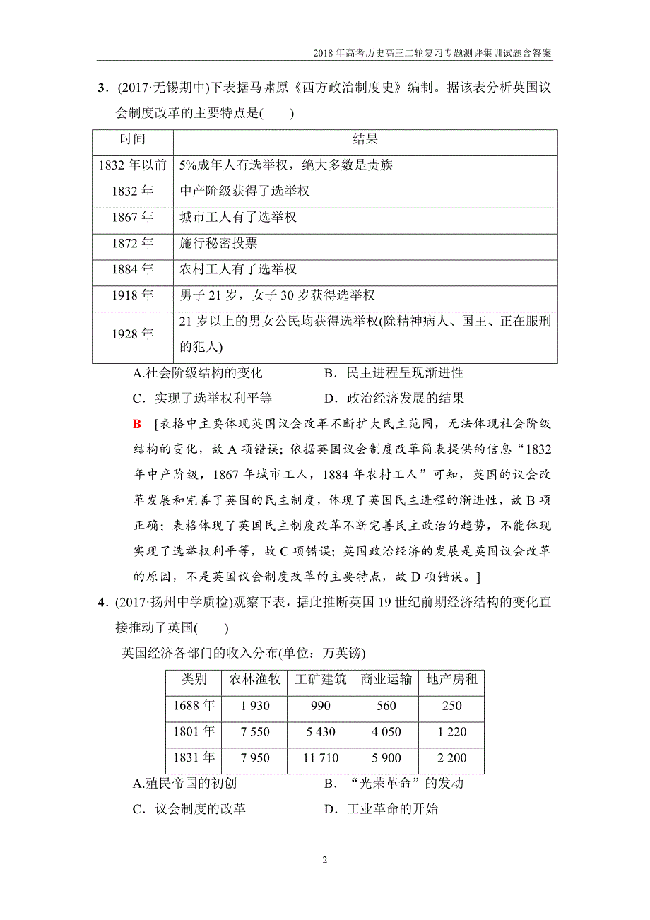 2018版高考历史二轮专题限时集训：7欧美资产阶级代议制的确立和马克思主义的诞生与实践(江苏版)_第2页