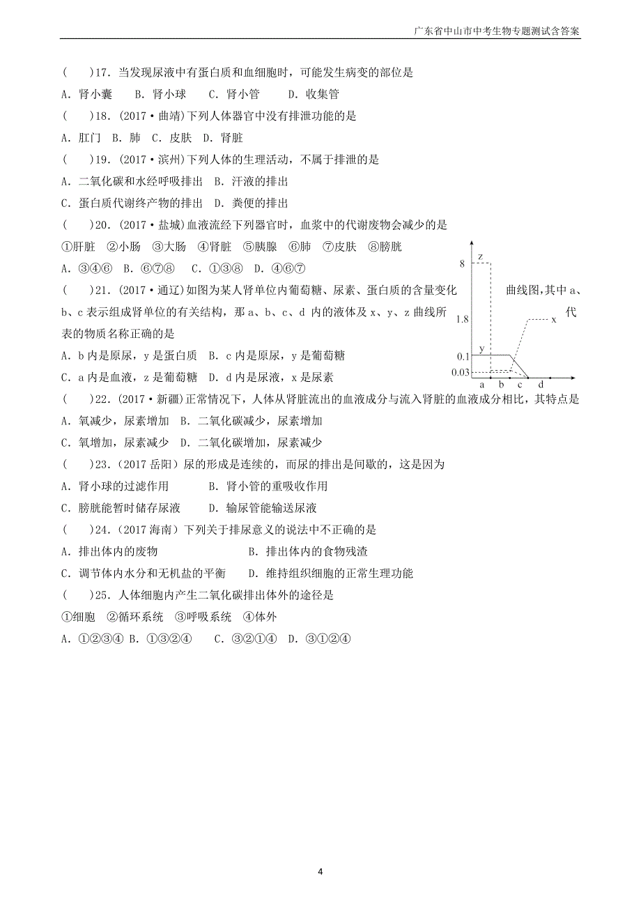 广东省中山市2018年中考生物专题复习第四单元生物圈中的人第五章人体内废物排出_第4页