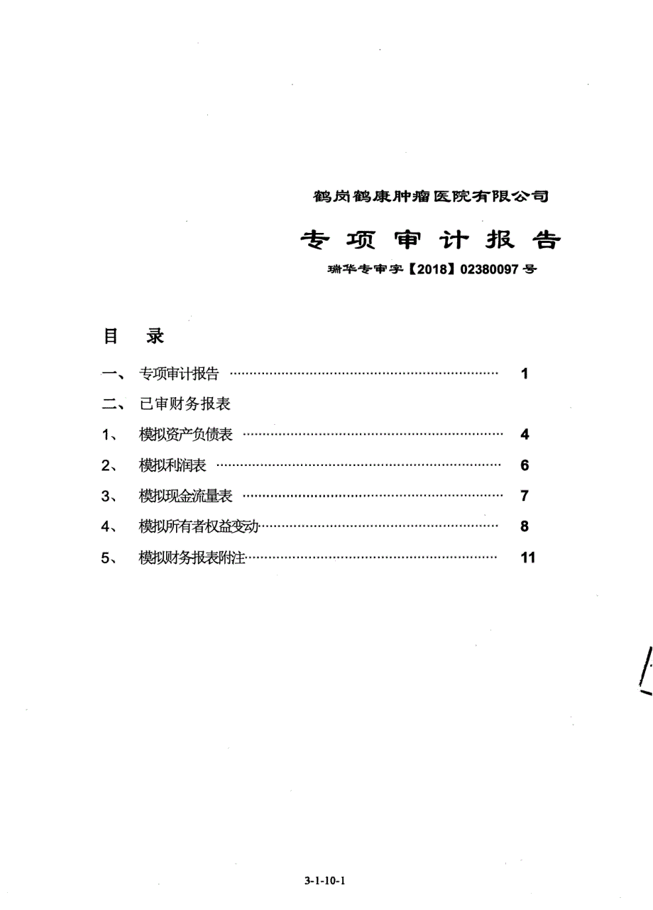 通化金马：鹤岗鹤康肿瘤医院有限公司专项审计报告（一）_第1页