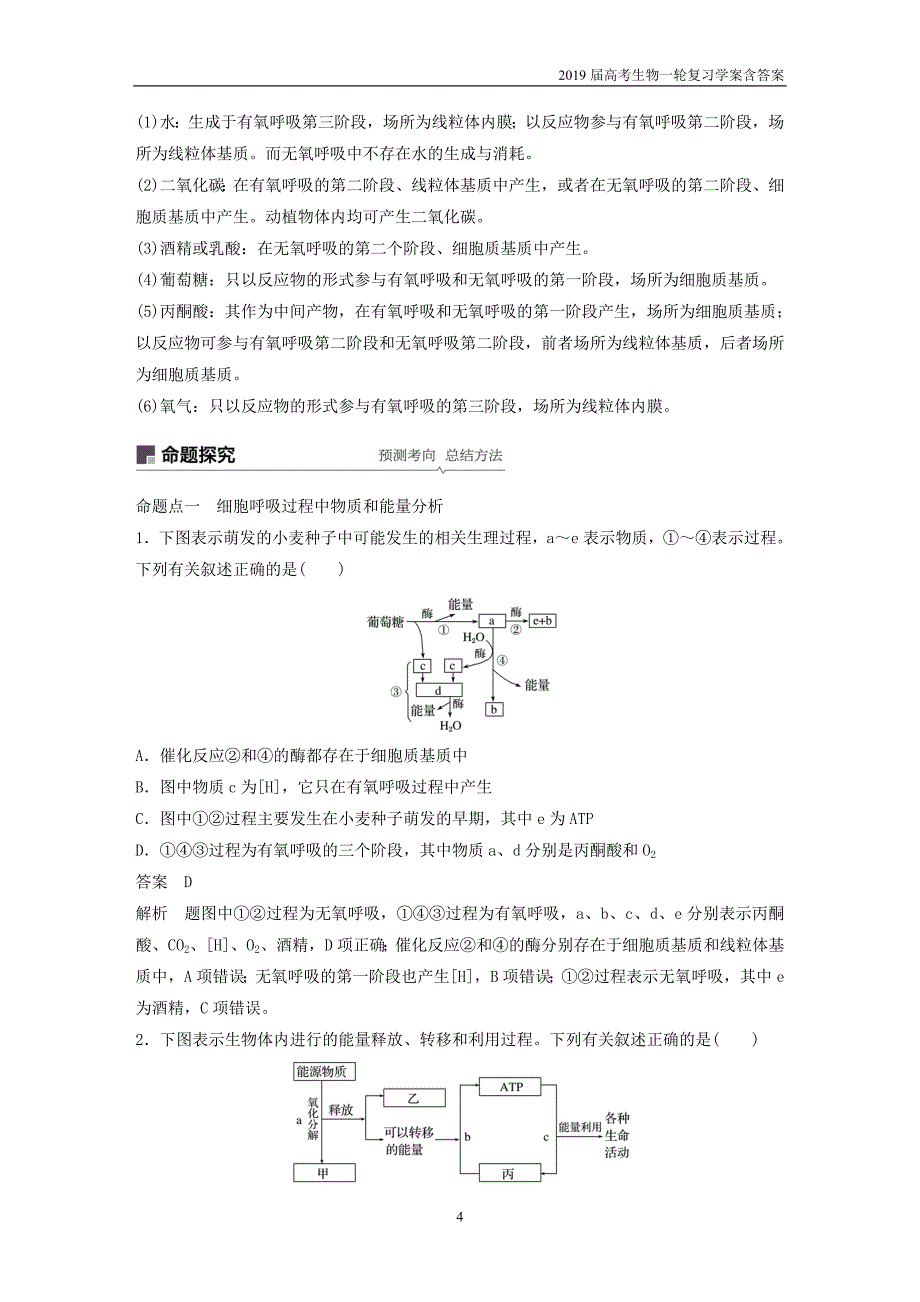 2019届高考高三生物总复习第8讲-细胞呼吸学案含答案_第4页