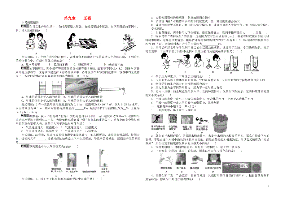 河南省2018年中考物理第一轮复习第九章压强（无答案）_第1页