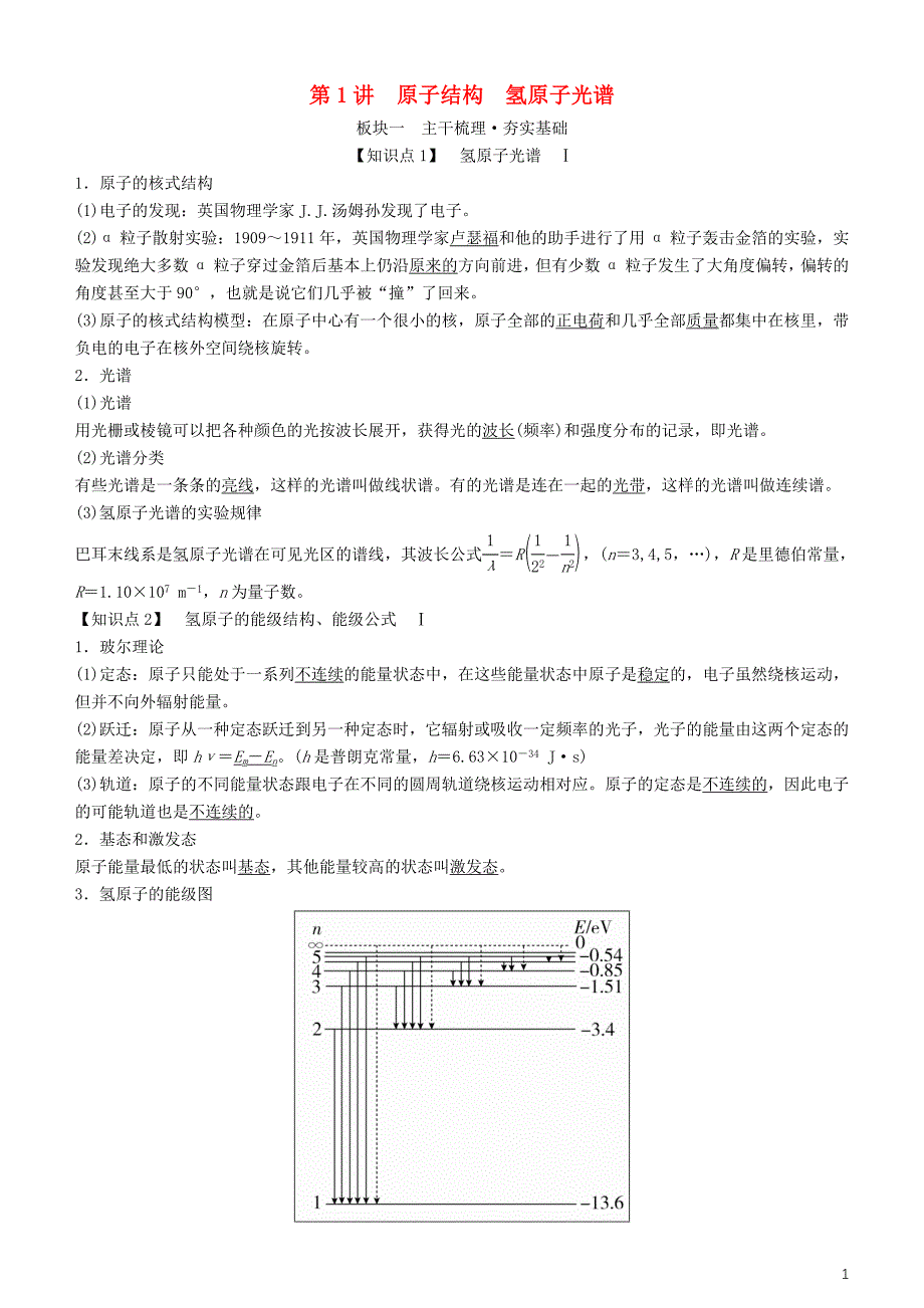 2019年高考物理一轮复习第十三章原子结构原子核第1讲原子结构氢原子光谱学案_第1页