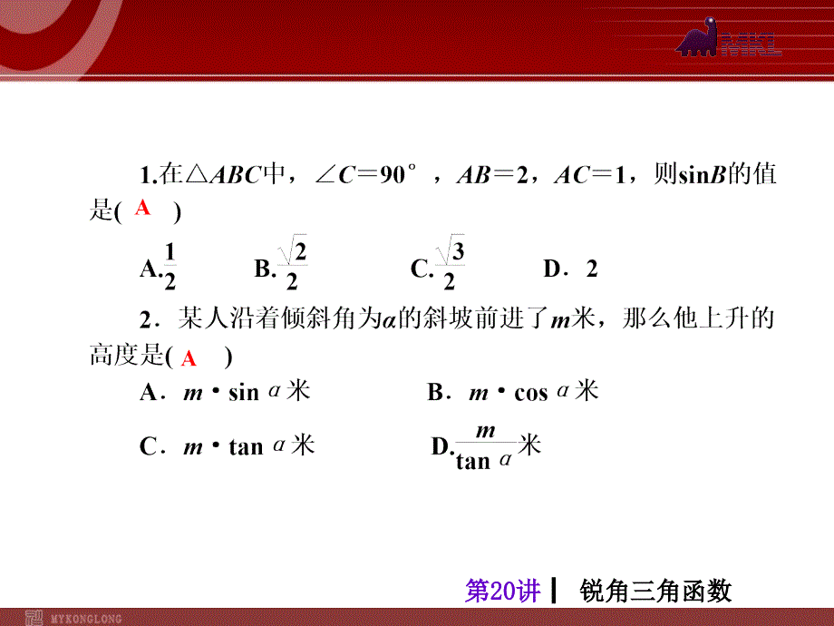 初三数学中考考前热点冲刺指导《第20讲锐角三角函数》_第3页