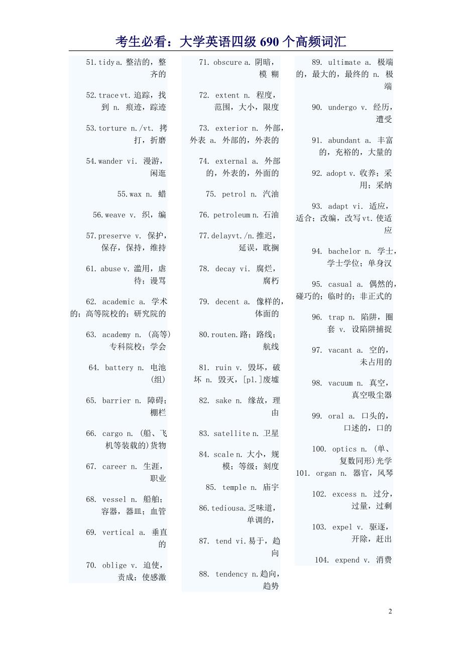 终极核心词汇：大学英语四级690个高频词汇_第2页