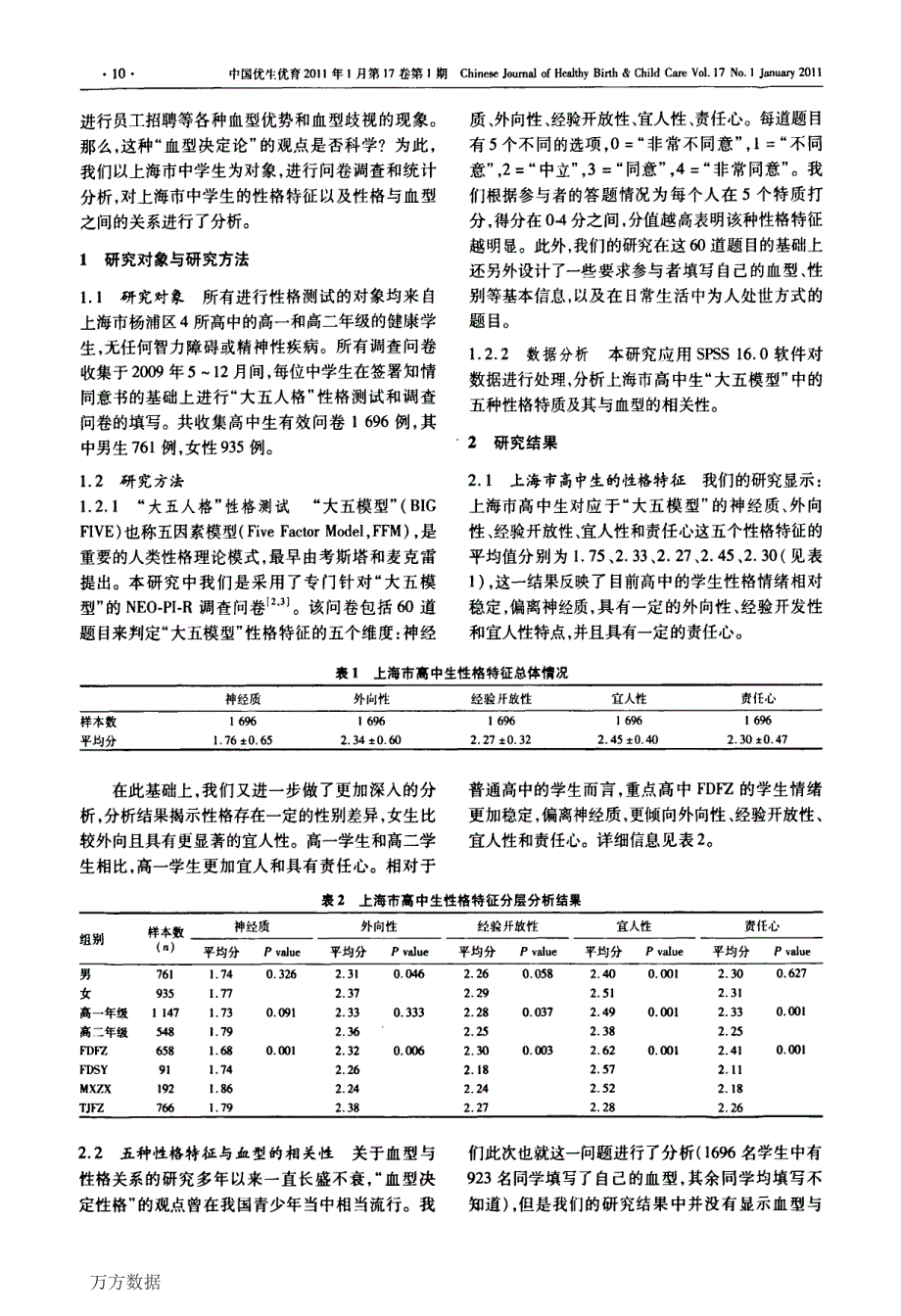 上海市高中生性格特点及其与血型的相关性研究_第2页