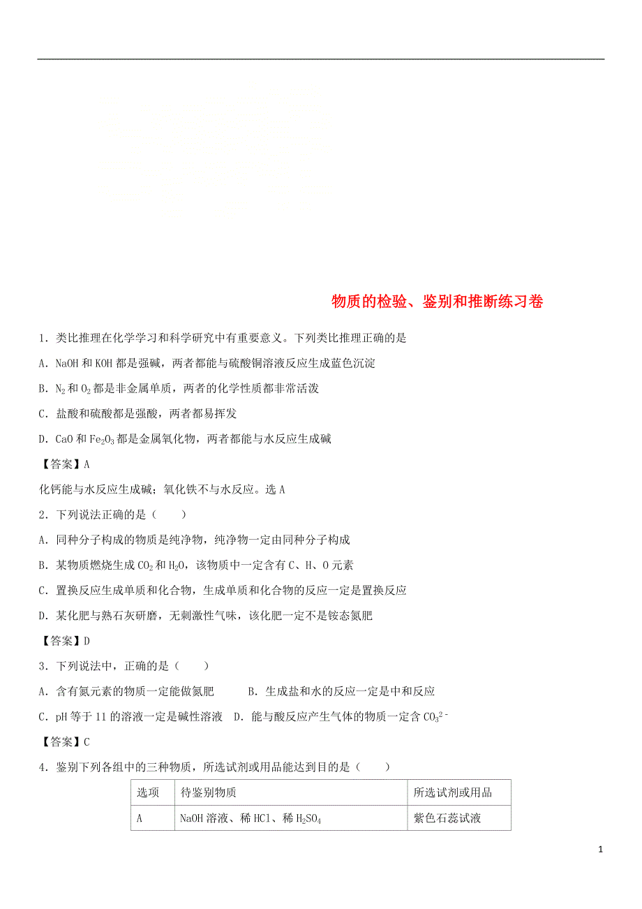 2018年度中考化学重要知识点物质的检验、鉴别和推断练习卷_第1页