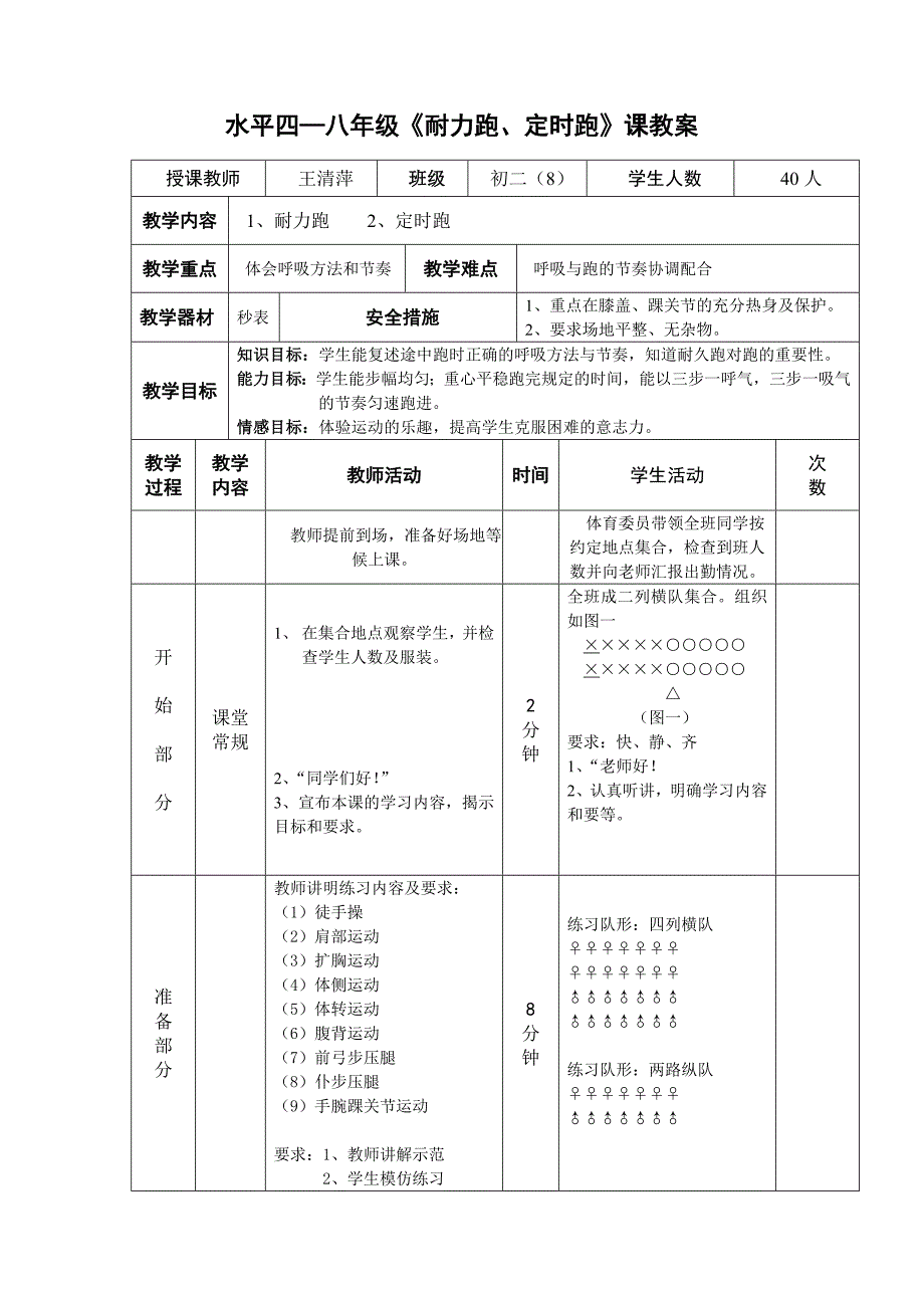 水平四—八年级《耐力跑、定时跑》课教案_第1页