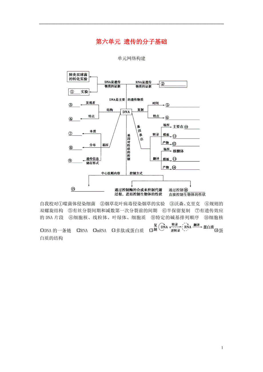 2019届高考生物总复习第六单元遗传的分子基础单元网络构建_第1页