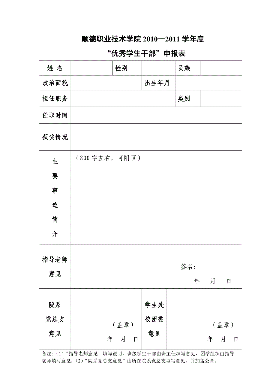 顺德职业技术学院2010-2011学年优秀学生干部申报表_第1页