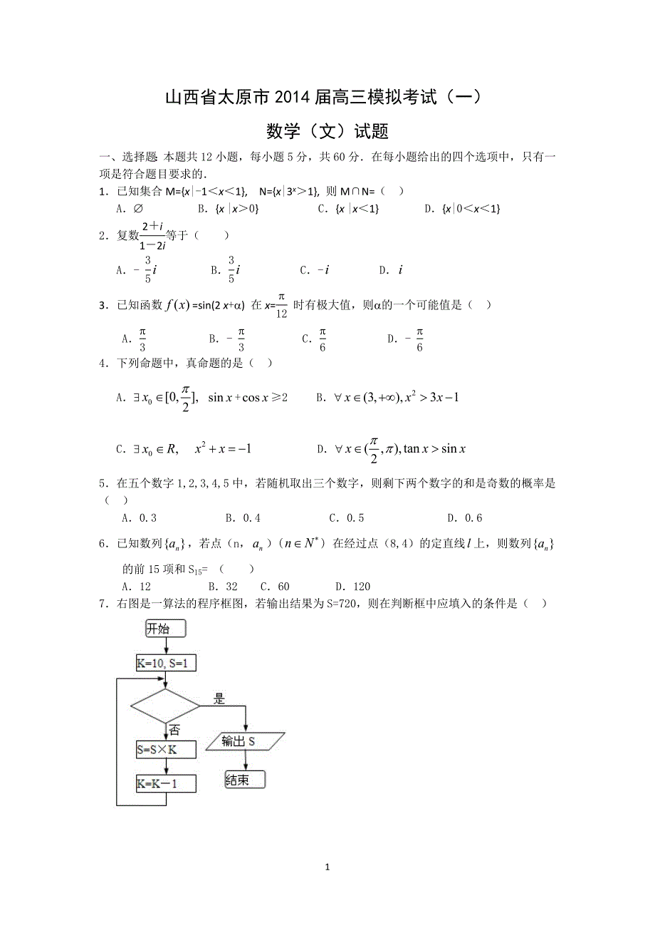 【数学】山西省太原市2014届高三模拟考试（文）_第1页