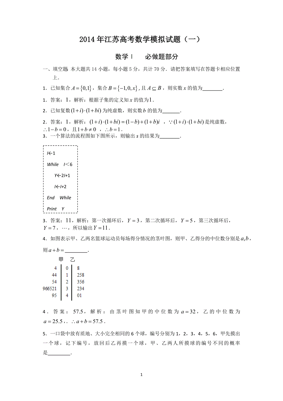 【数学】江苏省2014届高三高考模拟专家卷_第1页