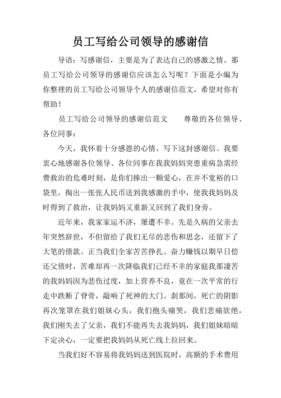 员工写给公司领导的感谢信.docx_第1页