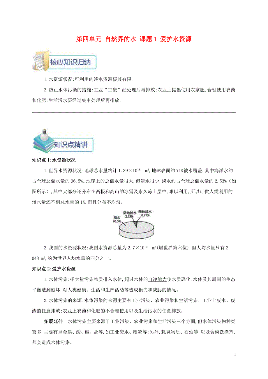 2018年秋九年级化学上册 第四单元 自然界的水 课题1 爱护水资源备课资料教案 （新版）新人教版_第1页