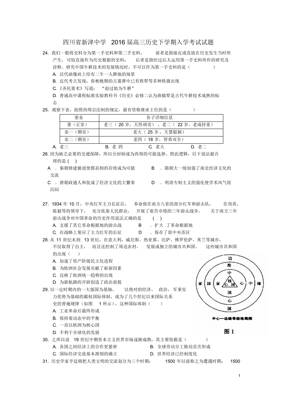 四川省新津中学2016届高三历史下学期入学考试试题_第1页