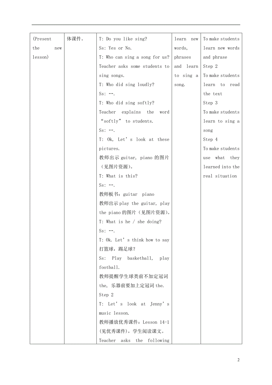 五年级英语下册 Unit 2 Lesson 14Let’s Sing  New Song!(1)教案 冀教版_第2页