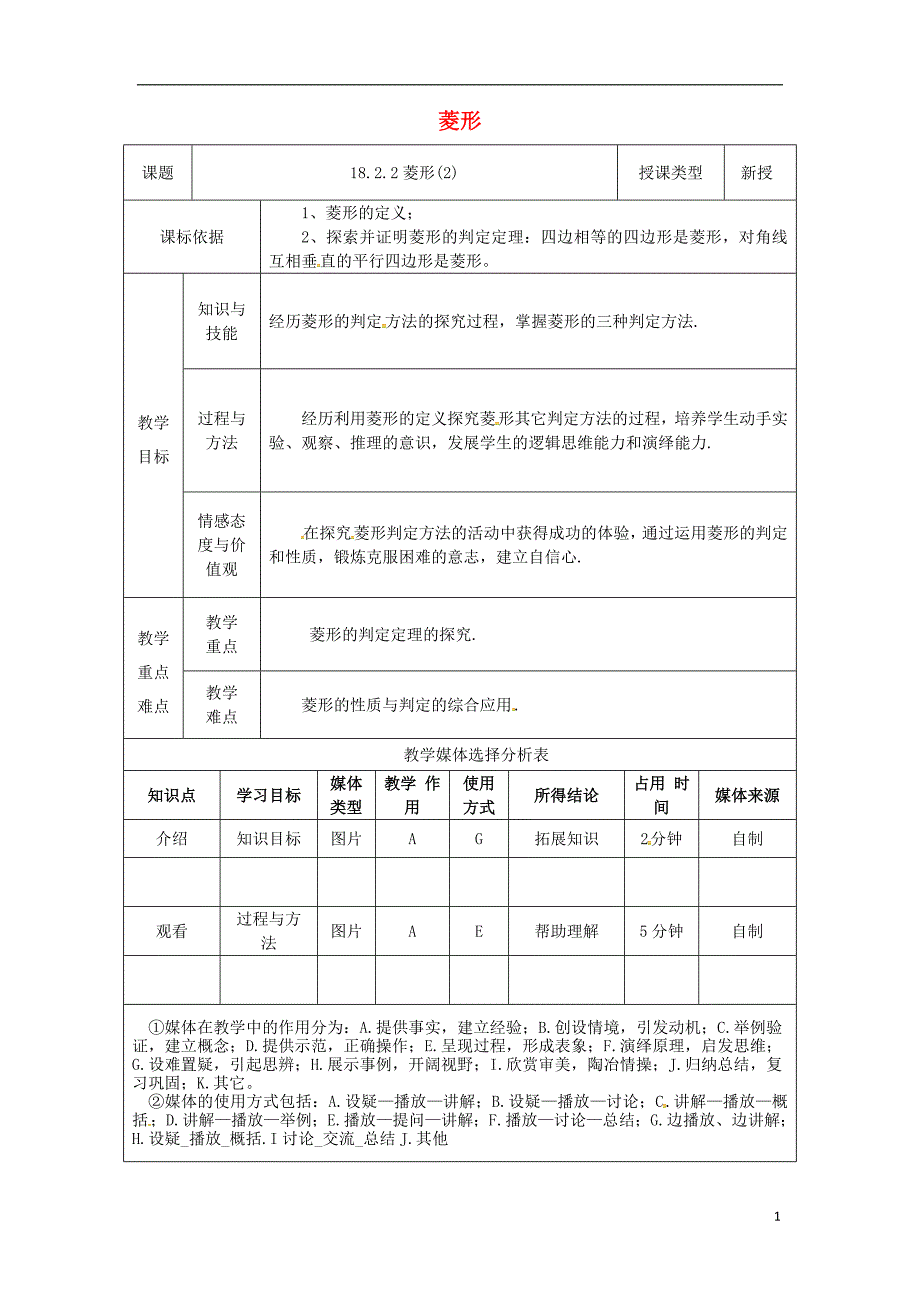 陕西省安康市石泉县池河镇八年级数学下册 第18章 平行四边形 18.2 特殊的平行四边形 18.2.2 菱形（二）教案 （新版）新人教版_第1页