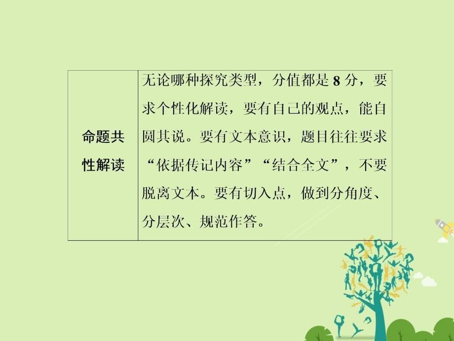 高考语文二轮复习 第一编 知识专题突破篇 专题六 实用类文本阅读 绝招 多方思考，深度提炼-传记探究题课件_第5页